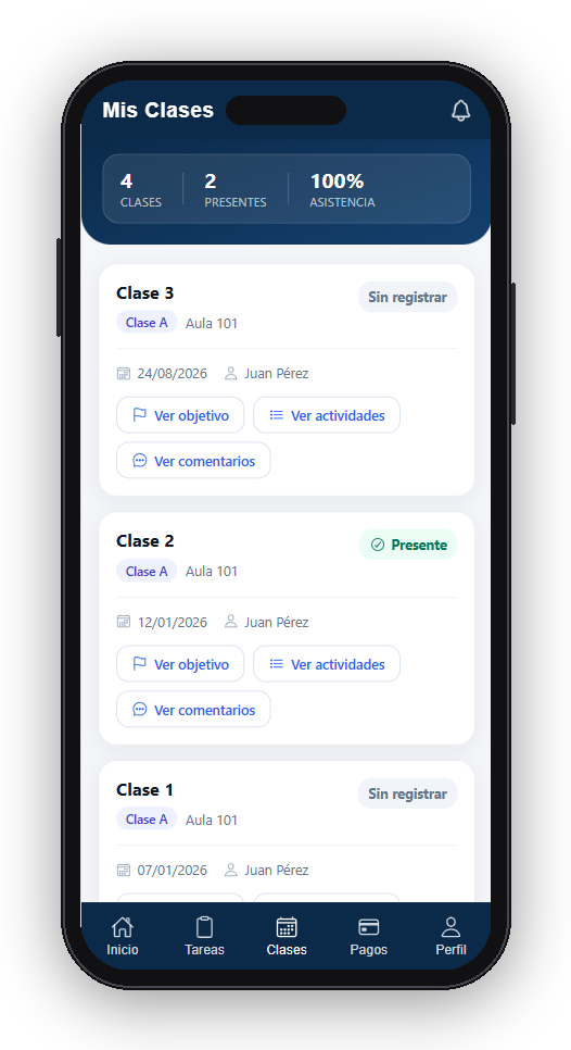 Detalle de clases y asistencia en la app de ClassFlow