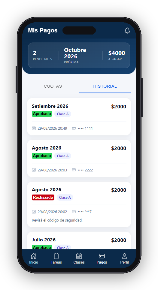 Historial de pagos del alumno en la app de ClassFlow