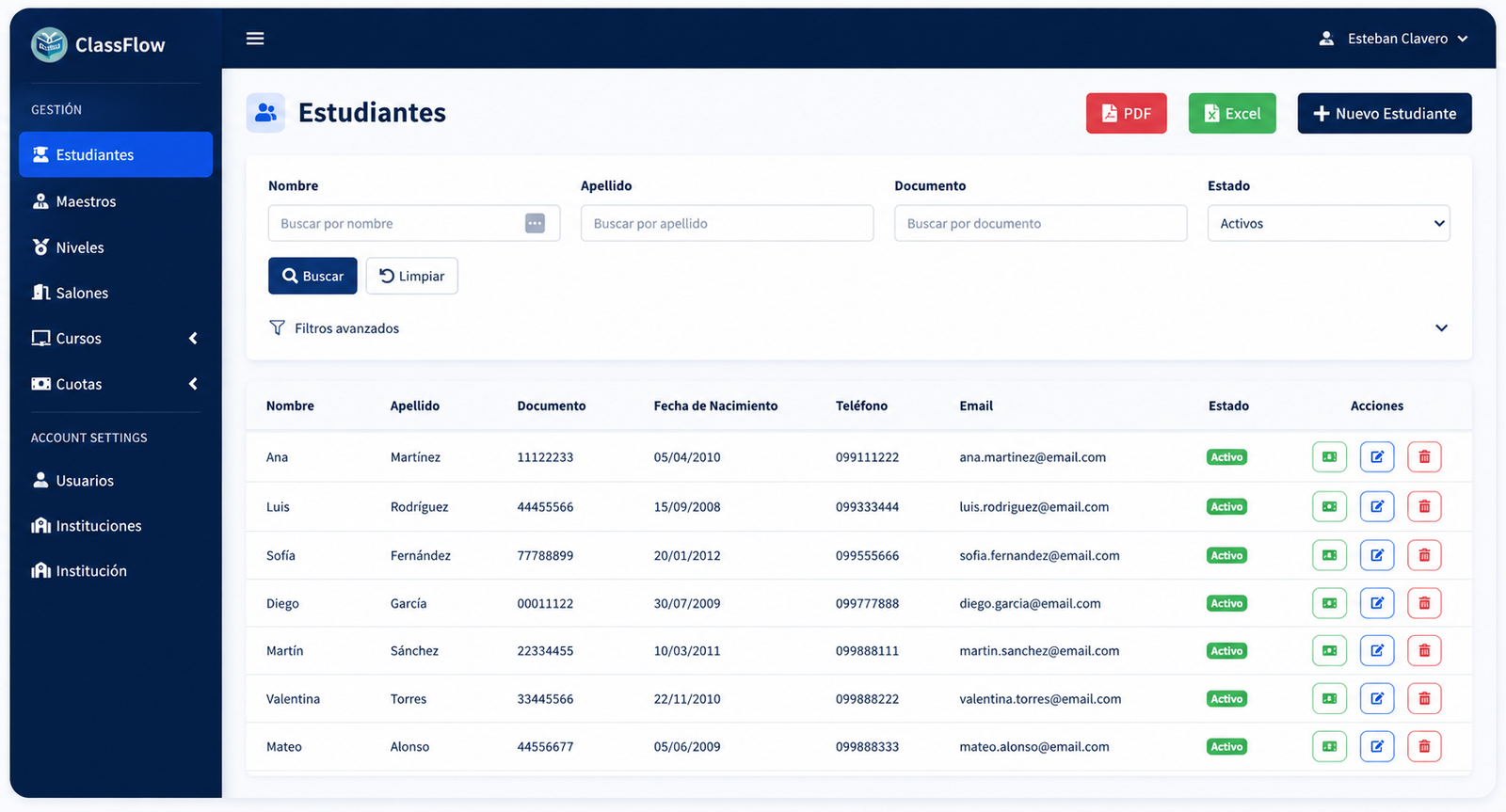 Pantalla de control de asistencia de ClassFlow