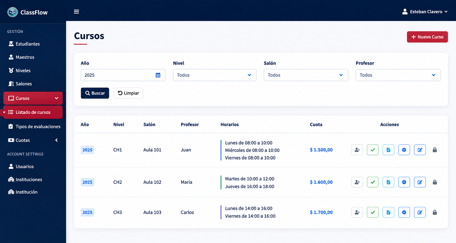 Reporte de cuotas y pagos en ClassFlow